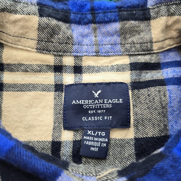 American Eagle Flannel Shirt Mens XL Blue Gray Plaid Button Up Long Sleeve - Picture 7 of 9